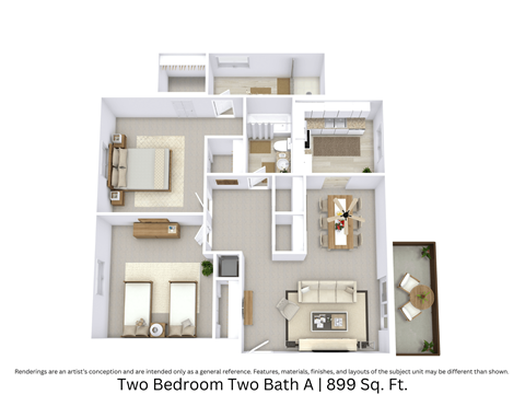 Floor plan for 2 beds, 2 baths, 899 sqft